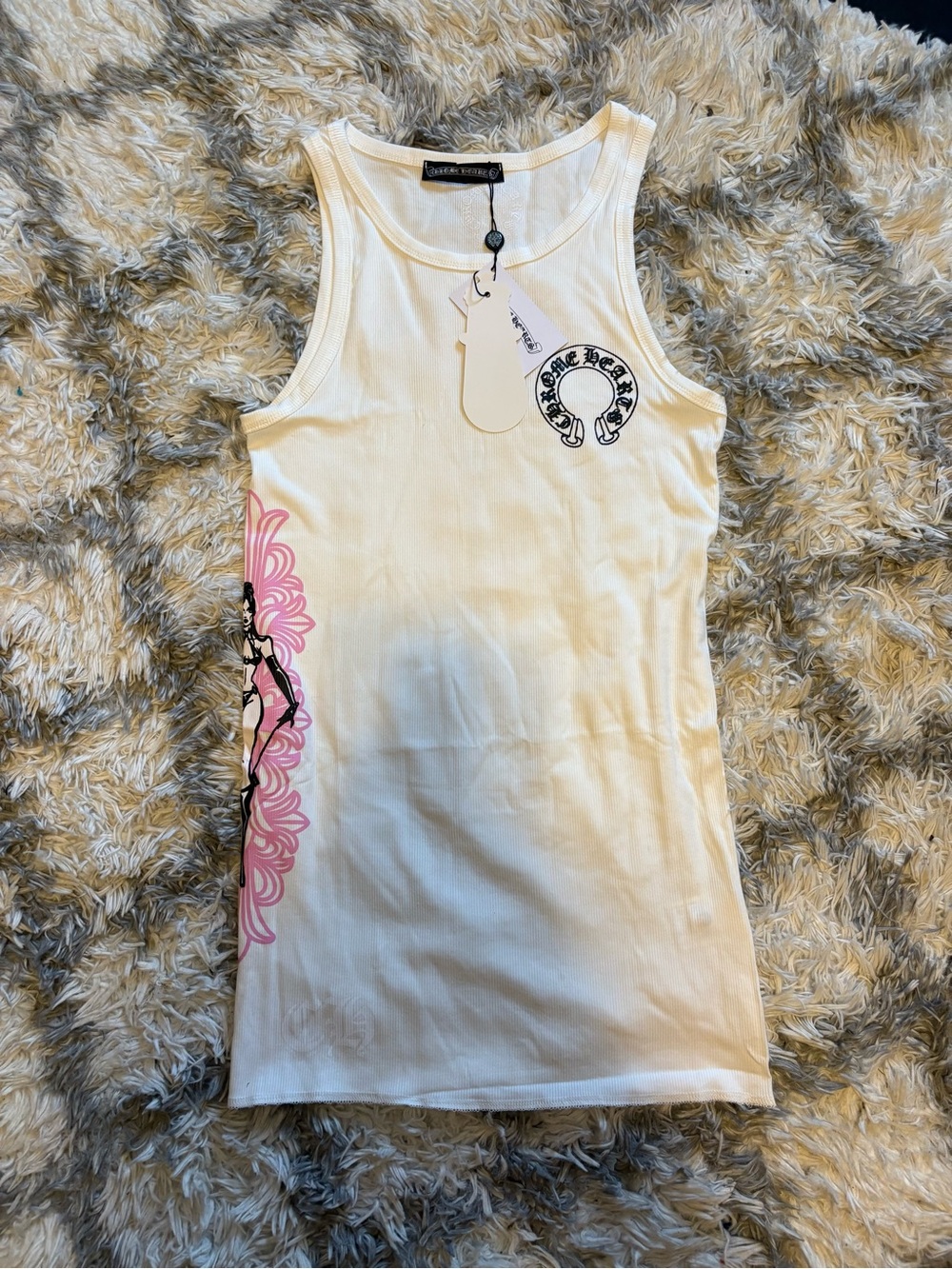 Deadly doll x chrome hearts White dress with Pink Side Floral Graphic